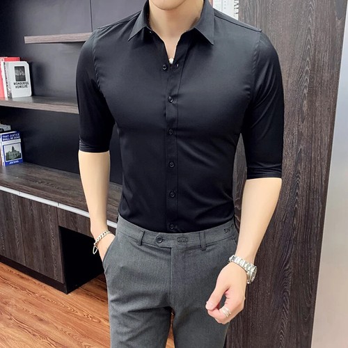 Mens Shirts Short Sleeve Business Casual Solid Stretch Slim Shirt Mens Clothing - Picture 35 of 45