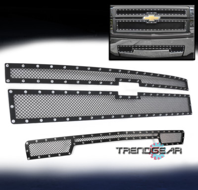 FOR 2014+ SILVERADO 1500 HIGH COUNTRY UPPER+BUMPER RIVET MESH GRILLE BLACK COMBO