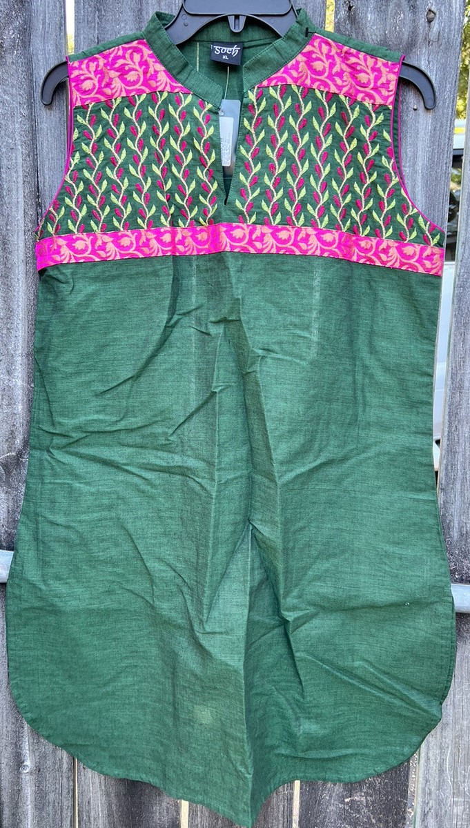 NWT SOCH India INDIAN Kurta Green Hot Pink Sleeveless Tunic Ethnic