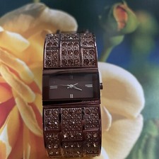 DKNY Ladies Watch Brown Metal Tone Crystal Wide Bracelet Needs Battery 7