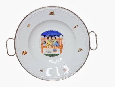 Rare Vintage Baby Metal Hot Water Plate Heater Porcelain Plate Girls Umbrella