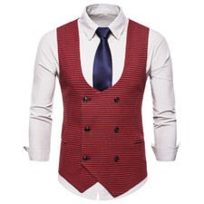Men Formal Houndstooth Suit Waistcoat Blazer Gilet Vest Top Slim Wedding Evening