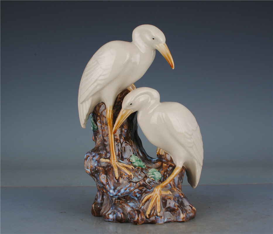 Collectibles Chinese Vintage Porcelain Double Crane Statue Sculpture Home Decor