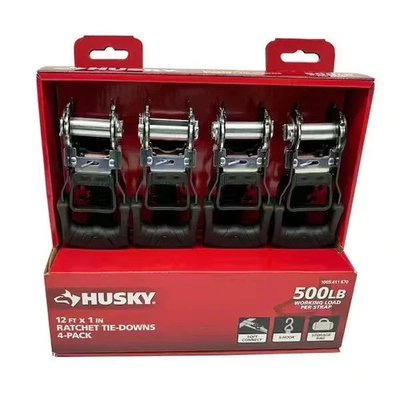 #ad HUSKY RATCHET TIE DOWN STRAPS 4 PACK 1 in x 12 ft Quick Release Hook 1500 lbs $7.97