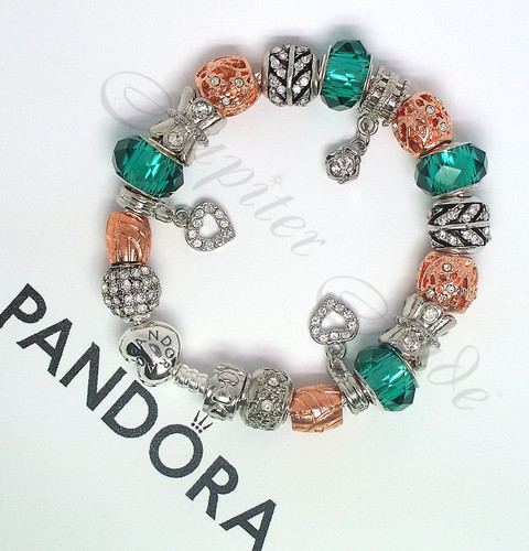 Authentic PANDORA Heart Clasp Bracelet Aqua Green Faceted Rose Gold Euro Charms