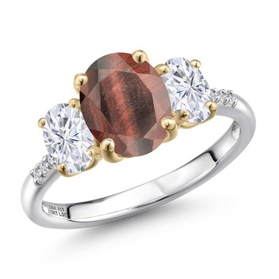 925 Silver and 10K Yellow Gold Red Tiger Eye and White Moissanite and Lab Grown