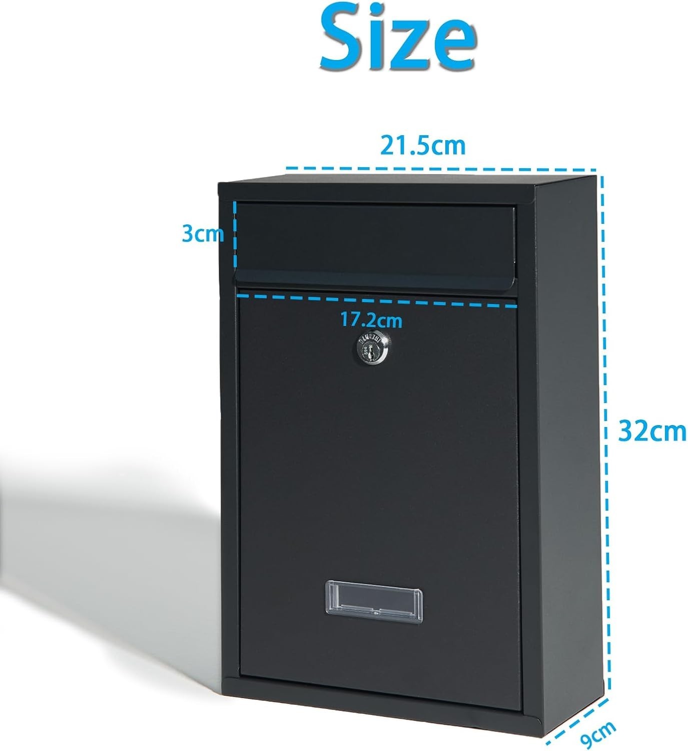 Black Lockable Post Box Outdoor Wall Mounted Letterbox w/Keys 21.5 x 9 ...