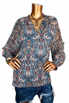 Philosophy 1X Plus Top NWT $58 Paisleys Soft Lined Blouse Lite Wgt Long Sl V Cut