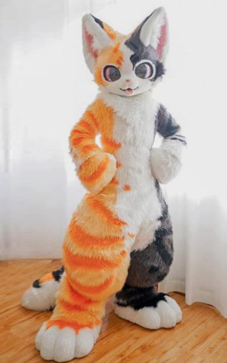 Full Body Cat Fursuit Costume Orange Black White Gray Faux Fur