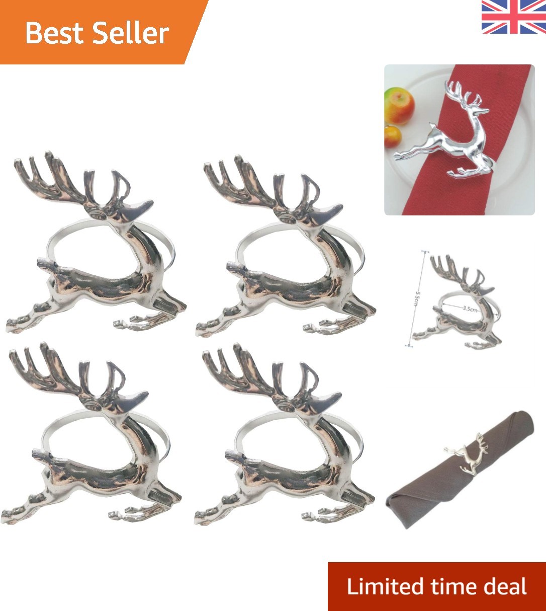 Polished Silver Reindeer Napkin Rings - Perfect for Christmas Table Setting