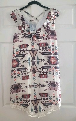 Jolt Dress Juniors M Southwestern V-Neck Ruffle Collar Lined Crochet Hemline NWT