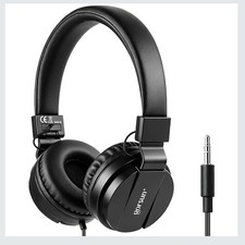 Headphones Wired On Ear Foldable 3.5mm Plug TangleFree Cord Travel Black