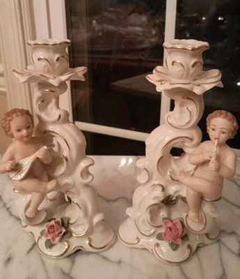 Pair of Antique Dresden Porcelain Candle Holders, Cherubs Capodimonte Flowers 