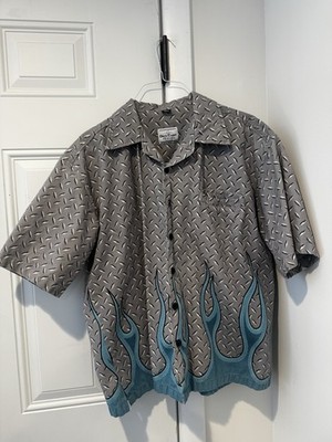 David Carey Originals Men s Gray Blue Flame Short Sleeves Button Up Shirt L Y2K