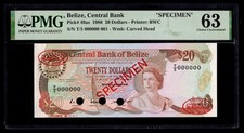 Belice 1986 - $20 veinte dólares P#49as **Especimen No. 001** PMG Choice UNC 63