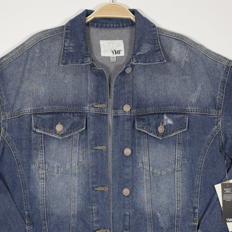YMI Women’s Distressed Oversized Denim Jacket Blue Long Sleeve Button Up Size S - Image 2 of 4