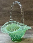 Vintage Fenton Emerald Green Opalescent Uranium Hobnail Basket