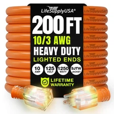 200ft Outdoor/Indoor Extension Cord 10/3 Gauge Ultra Heavy Duty 3 Prong SJTW,...