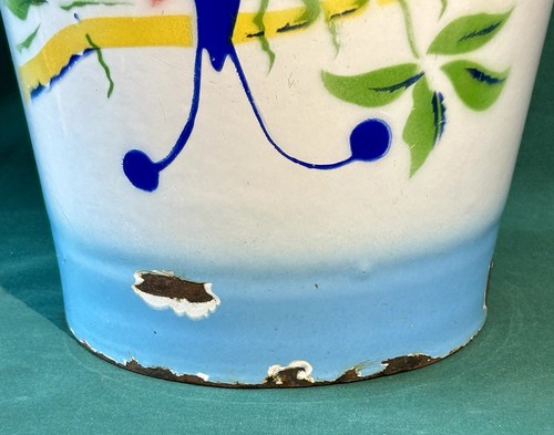 RARE! Enamel Bucket Berry Pail Bird Hand Painted Antique Czech Graniteware Vtg - Picture 7 of 19