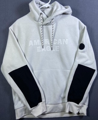 American Eagle Hoodie Sweatshirt Mens Large White Fleece Logo Pullover Black