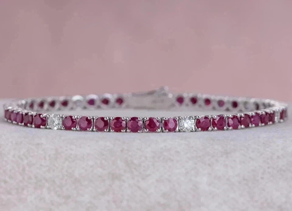 9Ctw Round Cut Lab Created Pink Ruby Tennis Women Bracelet 14K White Gold Plated - Image 3 of 4
