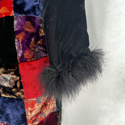 Boho Patchwork Velvet Jacket Natural Feather Collar & Sleeves Lining Buttons 14 - Picture 5 of 15