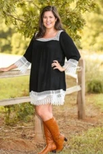 UMGEE Womens Black Crinkle Gauze w/ Wide Ivory Lace Trim Size XL Boho Western