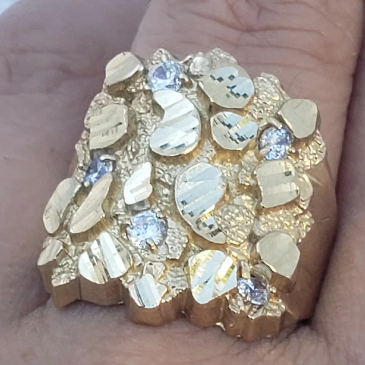 Big Mans solid 10k yellow Gold Nugget Ring Size 9 10 11 12 13 cz