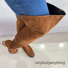 Women Over Knee Boots Faux Suede Round Toe Side Zip Low Heel Shoes Woman Big Siz