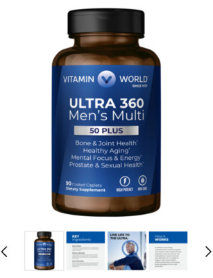 Vitamin World ULTRA 360 Men's Multi 50+ 90 caplets EXP. 01/2028