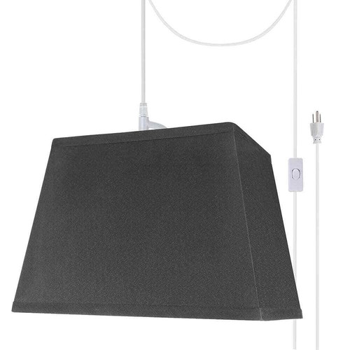 1-Light White Plug-In Swag Pendant with Black Hardback Rectangular Fabric Shade