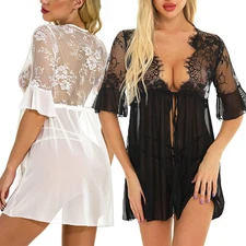 Women Sexy Lingerie Open Front Babydoll Lace Chemise Sleepwear Sheer Nighty Robe