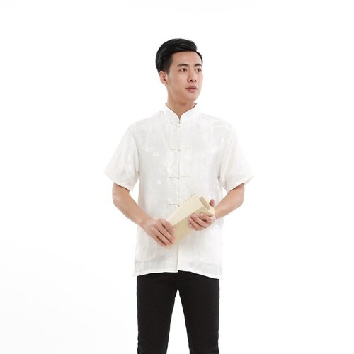Chinese Men Tang Suit Kungfu Shirt Summer Tops Silk Satin Button T-shirt Costume - Picture 8 of 12