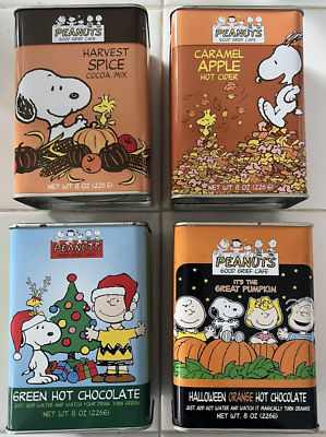 Peanuts Snoopy Collectible Hot Cider Chocolate Cocoa Mix + Tins _