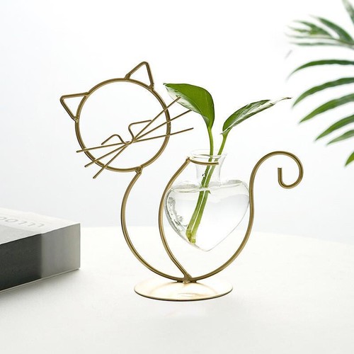 Hydroponic Glass Heart Vase With Iron Metal Holder Lovely Cat Shape Vase - Picture 15 of 16