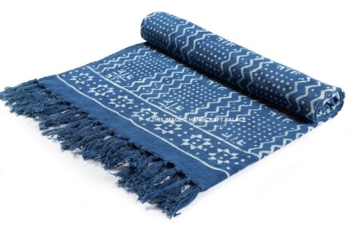 Hand Block Printed 100% Cotton Kilim Tassel Hand Woven Throw Coverlet 50x72 inch - Picture 3 of 4