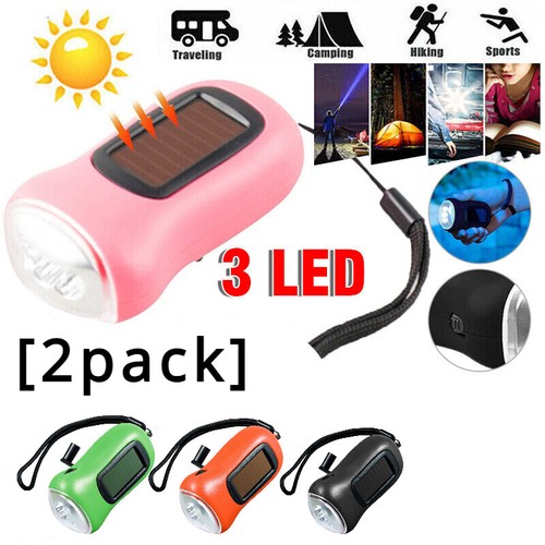 2XSolar Power LED Flashlight Hand Crank Torch Wind Up Super Bright Camping Light