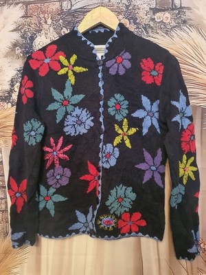 Coldwater Creek Blumen Strick Cardigan XS bunt bestickt Vintage Boho