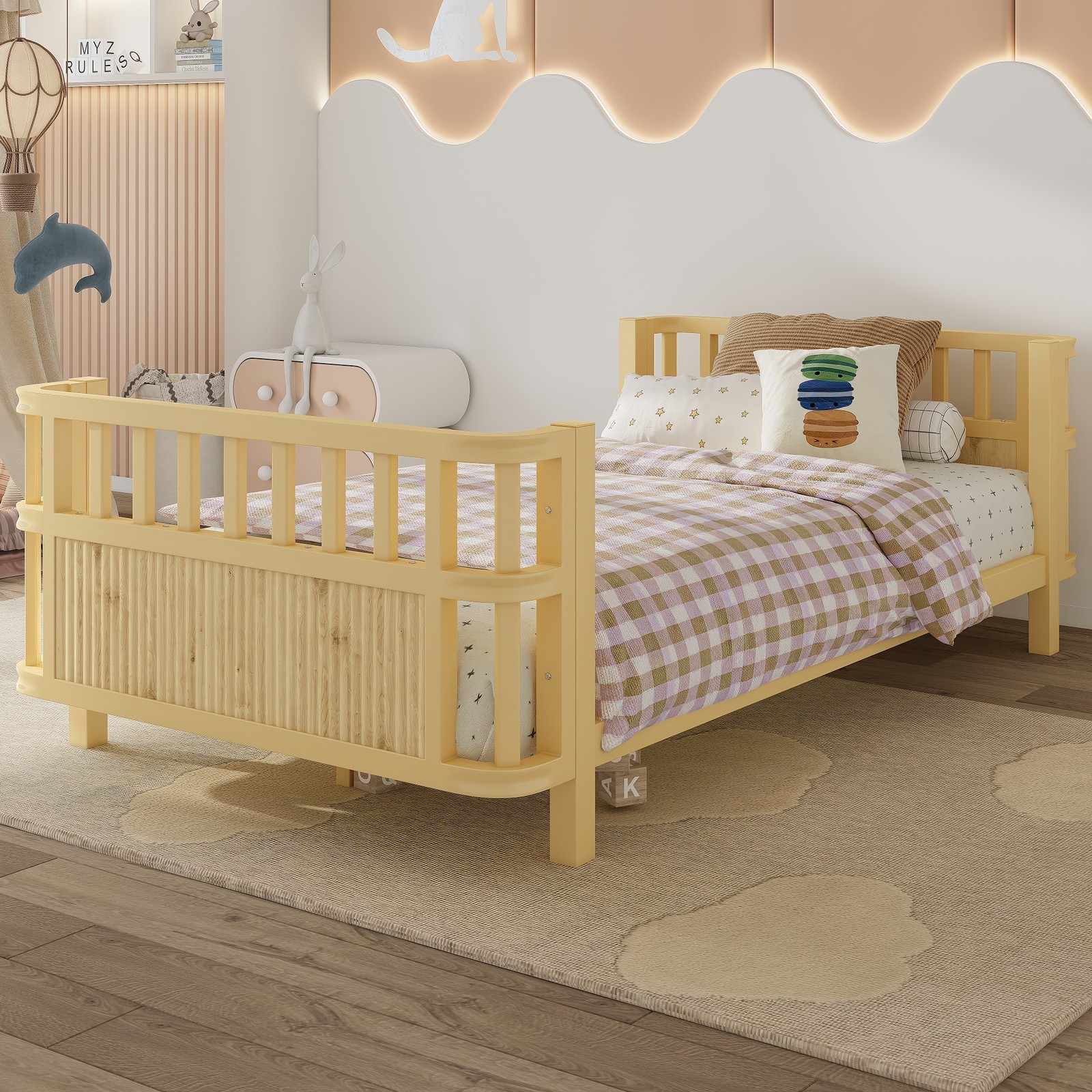 Twin Size Montessori Floor Bed Frame W/Fence Wood Slats for Kids Bedroom Natural