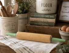 Vintage 1940&rsquo;s Wood Rolling Pin with Green Handles 17.5" Country Farmhouse Deco