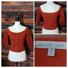 Charlotte Russe Crop Top Size M Brick Red Off Shoulder Peasant Ponte 3/4 Sleeve 