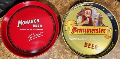 Braumeister Milwaukee's Choicest Beer & Monarch Beer Trays Metal 12 inch 1960's