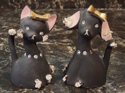 Vintage Lefton 1950s Black Poodle & Cat w/ Rhinestones Salt & Pepper Shakers 