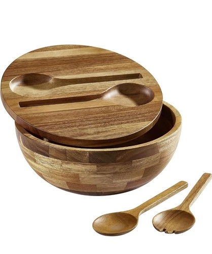 Acacia Wooden Salad Bowl with Lid, Built-in Acacia Wood Utensils, 10.5" Large...