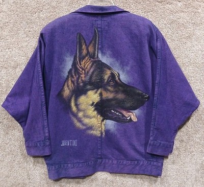 Faded Blue Hand Painted German Shephard Portrait Button Up Purple Jacket Small