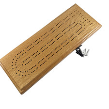 Vtg. Homemade OAK Wooden 16x6" Cribbage Board w 4 Brown  4 White Wood Pegs