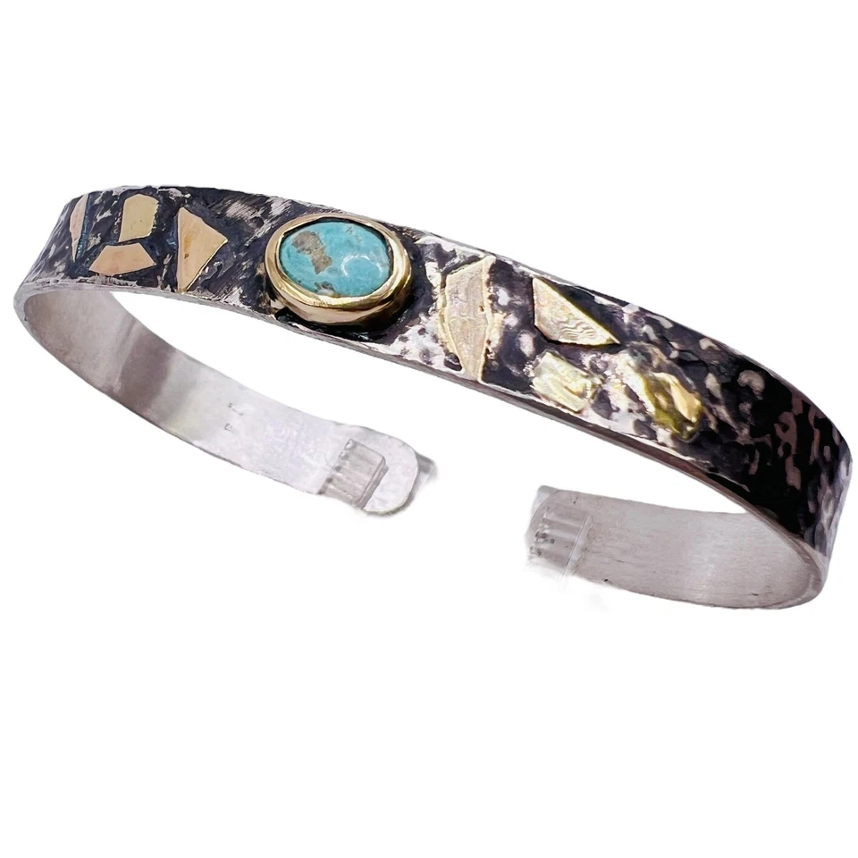 Real Blue Turquoise Gemstone 14k Gold Accent 925 Sterling Silver Cuff Bracelet - Image 3 of 4