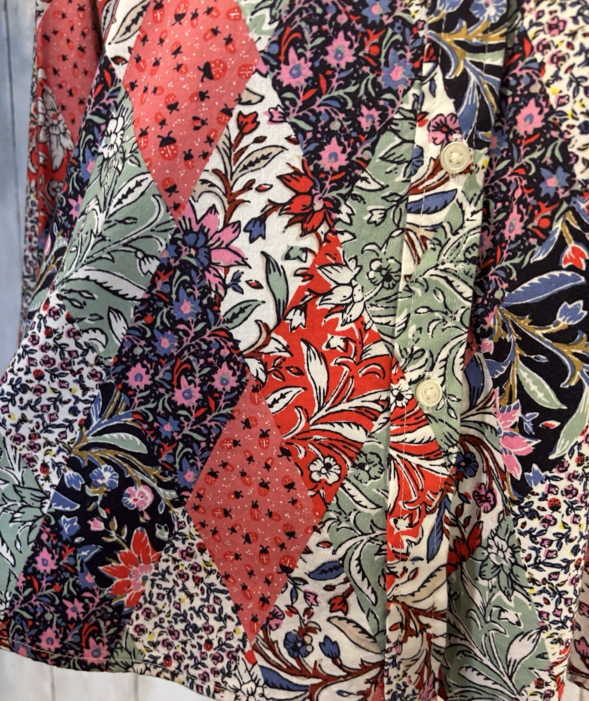 Loft Patchwork Print Bloom Top SZ S Button Up Shi… - image 3