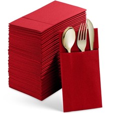 50-Pack Red Disposable Linen-Feel Dinner Napkins, Built-in Flatware Pocket