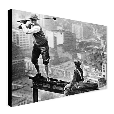 Golf Vintage Art Golfer Hitting Ball - Skyscraper - Canvas Wall Art Framed Print - Image 1 of 4